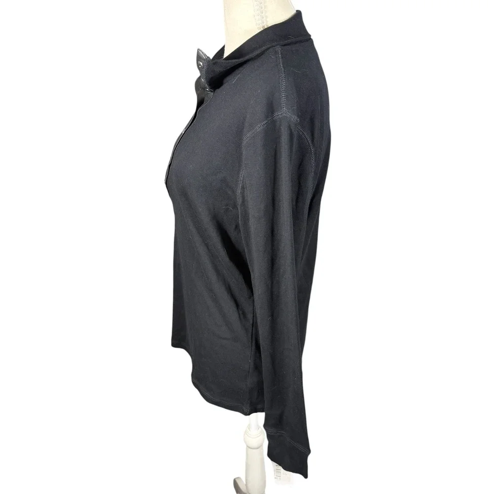 Chaps Polo Shirt Womens Large Black Faux Leather Trim Snap Long Sleeve NEW - Picture 8 of 11